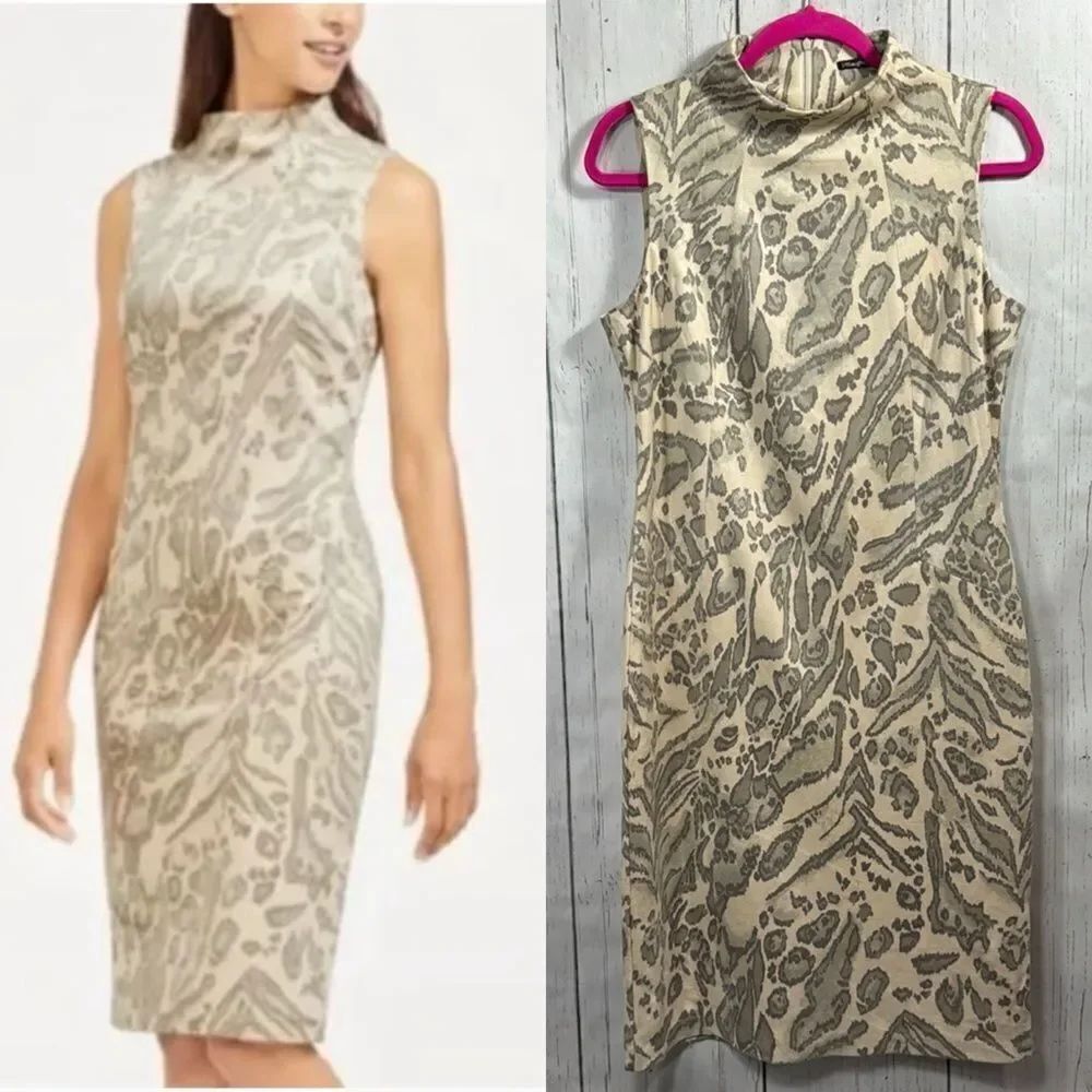J. McLaughlin Mock Neck Sheath Dress Beige Gray Animal Print Sleeveless Size M